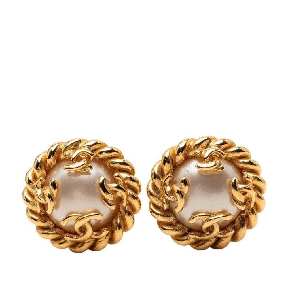 Chanel CC Logo Gold Plated Faux Pearl Clip-On Earrings